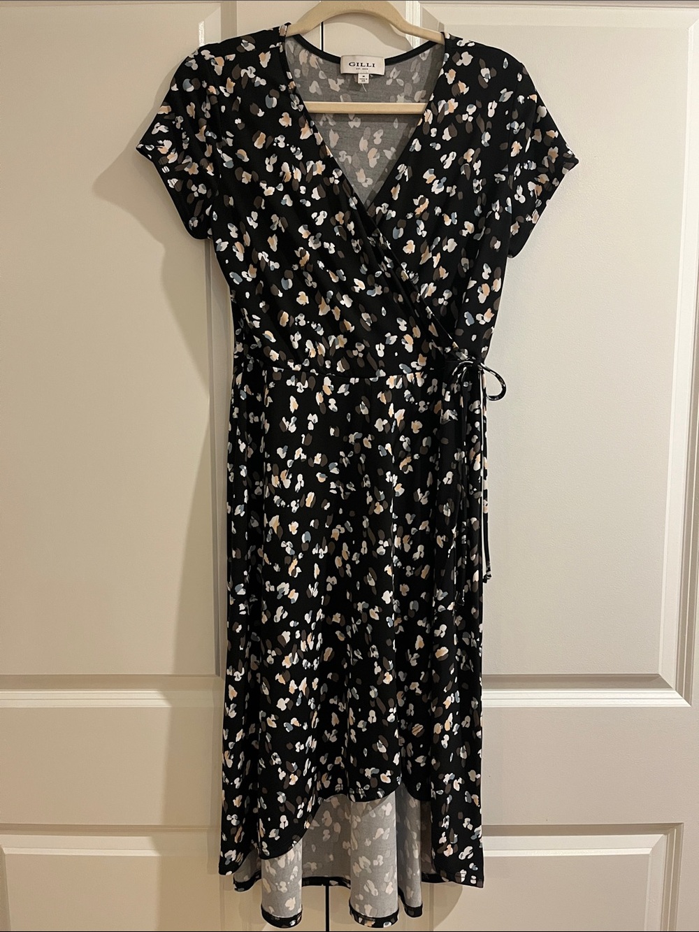 Black Dress with Cream, Pink and Blue Gray Spot Print
